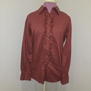 Peruvian Connection Orange Cotton Voile Sheer Ruffled Button Up Top Blouse Sz S